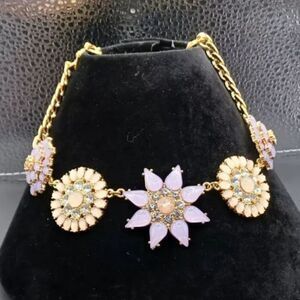 Marked RMN Metal Beaded Rhinestone Purple Flower Statement Necklace NWOT